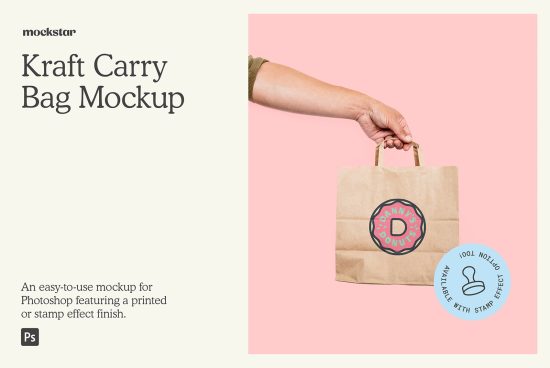 Paper bag mockup in hand against pink background, editable design for branding, packaging mockups category, high-quality graphic asset.